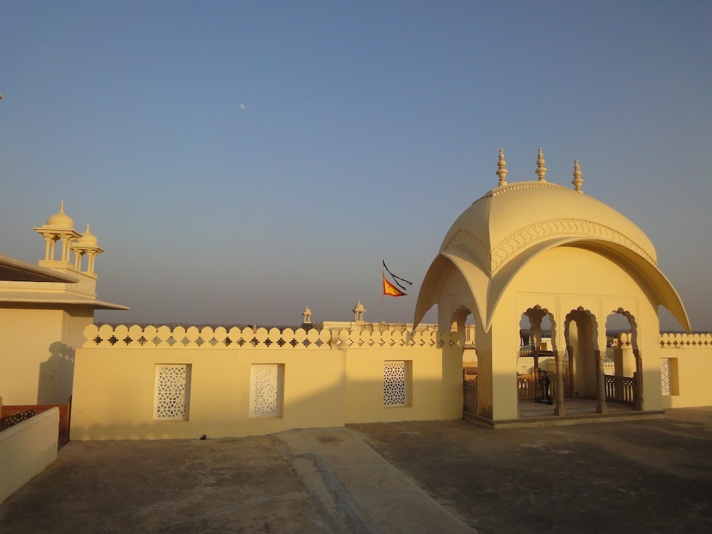 The roof of the Alsisar Mahal at sunset.